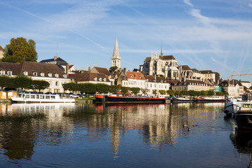 Cityscape in Auxerre (France) with abbey of Saint-Germain and Yonne river.