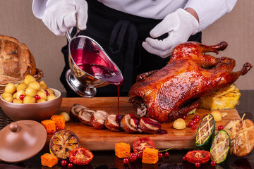 Berry sauce with pieces of meat of a duck