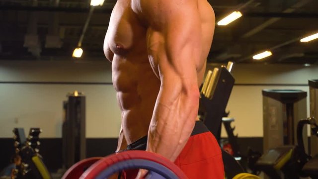 Muscular bodybuilder lifting barbell on biceps
