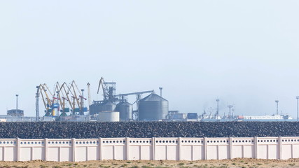 Fototapeta premium View to the seaport timelapse in city of Aktau Kazakhstan