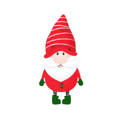 Fototapeta na wymiar Cute dwarf in stripped hat and red costume. Character, kind, beard. Can be used for topics like cartoon, fairy tale, old man 