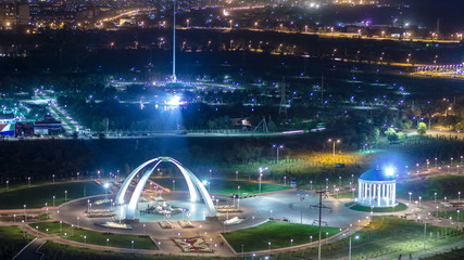 Park named after the First President of the Republic of Kazakhstan in the city of Aktobe night timelapse. Western Kazakhstan.