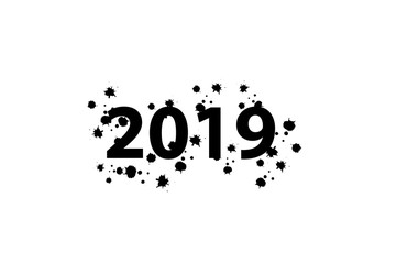 Dry brush texture effect. 2019 numeral hand lettering with drops of ink. Happy New Year. Merry Christmas. Graduation. Vector Illustration