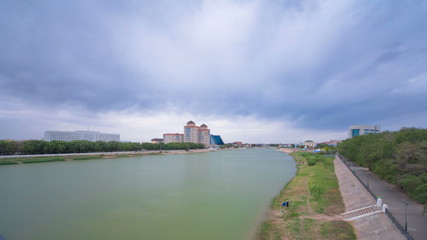 Modern houses on the riverside Ural in city Atyrau timelapse hyperlapse