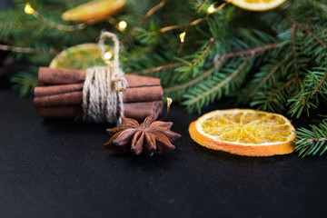 Christmas Tree Pine Branches with dry oranges. cinnamon, anise on a dark background.