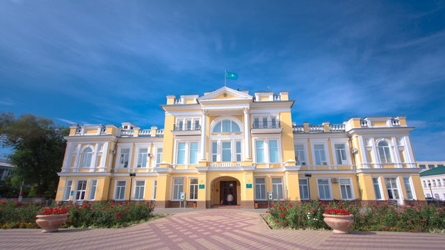 Beautiful 18th century building in the center of Uralsk timelapse hyperlapse. Western Kazakhstan.