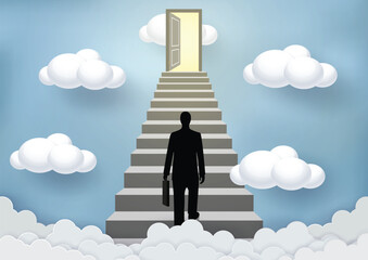 Businessmen walk up the stairs to the sky door. Step up the ladder to success, goal in life, and progress in the job. Of the highest organization. Business Finance Concepts. Vector illustrations