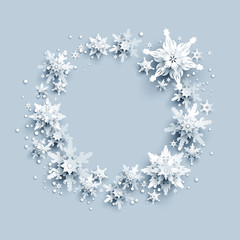 Winter holiday realistic paper cut wreath from snowflakes. Snow christmas decoration for design banner, ticket, invitation, greetings, leaflet and so on.