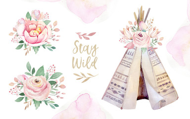 Watercolor colorful ethnic set of teepee and flowers bouquets in native American style.Tribal Navajo isolated wigwam illustration ornament on white background. © kris_art