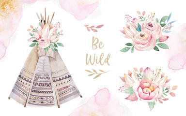 Watercolor colorful ethnic set of teepee and flowers bouquets in native American style.Tribal Navajo isolated wigwam illustration ornament on white background. © kris_art