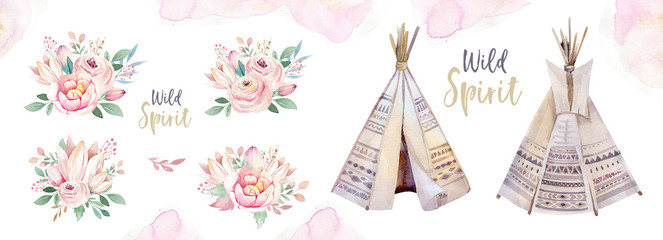 Watercolor colorful ethnic set of teepee and flowers bouquets in native American style.Tribal Navajo isolated wigwam illustration ornament on white background. © kris_art