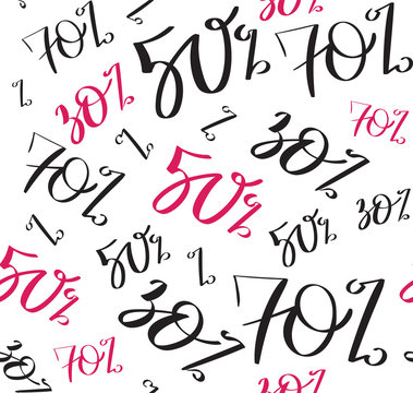Sale seamless pattern with discount percents 70, 50, 30, handwritten text, typography, calligraphy, hand-lettering