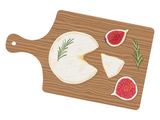 Cut cylinder of fresh creamy camembert de Normandie cheese with aromatic rosemary herbs and sweet figs on a wooden cutting board, top view. Traditional french dairy product. Vector illustration. 
