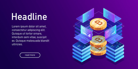 Isometric concept of mining bitcoin, landing page.
