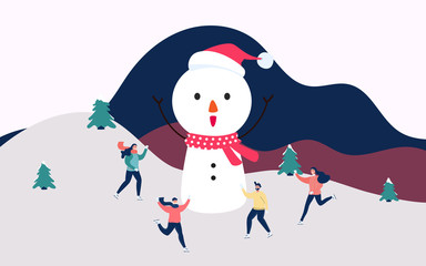 Winter landscape snowy street and winter holiday. Happy family skating with big snowman in the winter. Merry Christmas and Happy New Year.