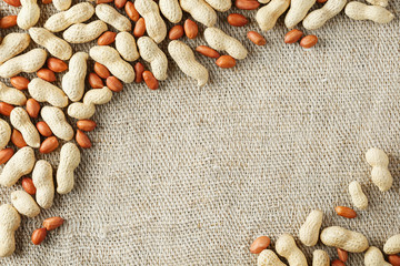 Roasted peanuts in a shell and peeled on a brown fabric background.