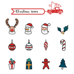 Christmas line art color icons set. Christmas drawing collection.