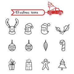 Christmas line art icons set. Christmas drawing collection.
