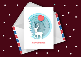 Paper Art of Christmas Card and White Reindeer on Winter Background Vector