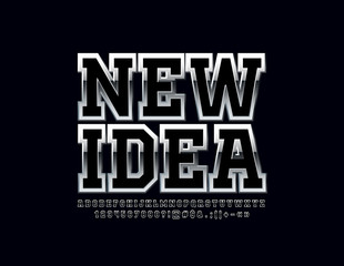 Silver reflective Font with text New Idea. Vector set of steel Alphabet Letters, Numbers and Symbols.