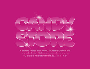 Glossy pink Sign Candy store. Kids glass Font. Sweet Alphabet Letters, Numbers and Symbols.