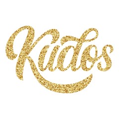 Kudos hand lettering, custom writing letters with golden glitter texture isolated on white background, greeting typography, vector type design illustration.
