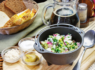 Okroshka, sliced vegetables, summer dish, soup
