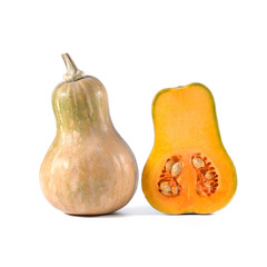Butternut pumpkin and slice on a white background.
