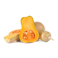 Butternut pumpkin and slice on a white background.