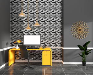 Black Mosaic tile wall design on black granite tile in workroom office with computer and decoration. 3D rendering