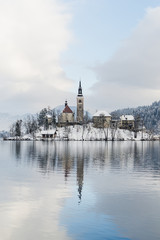 Fototapeta na wymiar Vew over Gothic church on Bled lake island, Slovenia