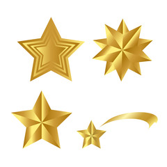 Realistic Golden Stars Vector Set Isolated on White Background. Glossy 3D Christmas star icon. Design element for design, card, invitation, print.
