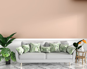 tropical design,armchair,plant,cabinet on granite floor and pink background.3 d rendering