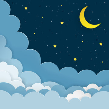 Half moon, stars, clouds on the dark night starry sky background. Galaxy  background with crescent moon and stars. Paper and craft style. Night scene  minimal background. Vector Illustration. Stock Vector | Adobe