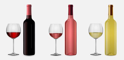 Wine Bottle 3D set. Vector illustration.