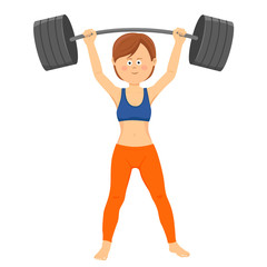 Young happy woman lifting heavy barbell isolated on white background