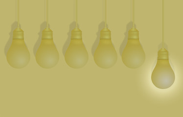 Creative ideas about the Light bulb. Different and distinctive lamps are lined in a vignette on a yellow background. The show featured in different ideas in the business. Success Vector illustrations
