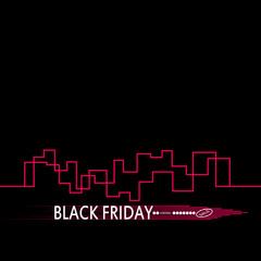 Black Friday in the City the Perfect Sale. White Ribbon Banner in Flat Style on a Black Background with an Abstract City Skyline. Vector Illustration