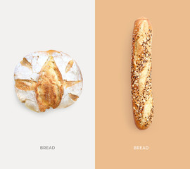 Creative layout made of breads on white background. Flat lay. Food concept. Macro concept. 