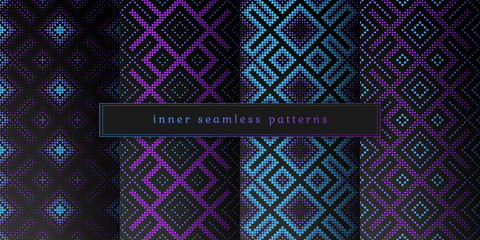 Vector set of sacred geometry seamless pattern; Mixed styles - ancient traditional northern embroidery with contemporary digital design; Psychedelic paganism.