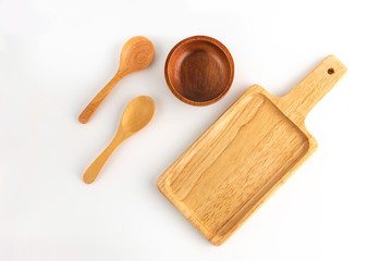 Top view Wood plate cup and spoon isolated on white background