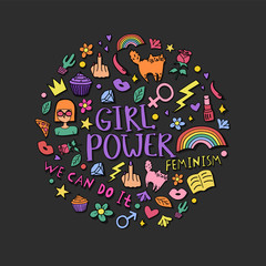 Girly doodles and hand drawn phrases for feminism concept design, girl's t-shirt print. Hand drawn fancy comic feminism slogan in cartoon style. Color vector illustration on black background