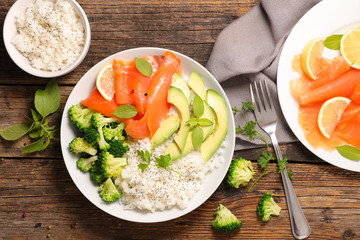 rice, vegetable and salmon