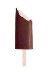 Chocolate Eskimo on stick isolated on white background. Ice cream bitten from above.