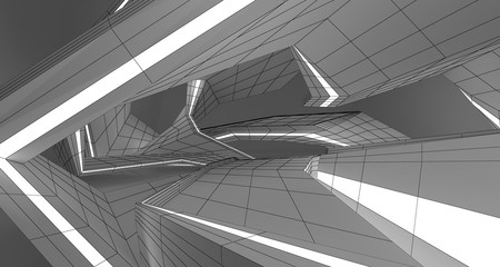 Abstract drawing white interior multilevel public space. 3D illustration and rendering.