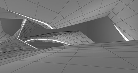 Abstract drawing white interior multilevel public space. 3D illustration and rendering.