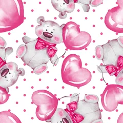 Papier Peint photo Lavable Animaux avec ballon Modèle sans couture avec ours en peluche et ballons. La Saint-Valentin. Illustration à l& 39 aquarelle