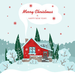 Vector Christmas card with a house, trees, Christmas trees and bushes in flat style