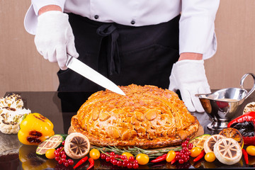 Mushroom кулебякав in the test with mushrooms and grilled vegetables