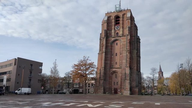 Old church tower Oldehove Pan Time Laps Leeuwarden pan left to right